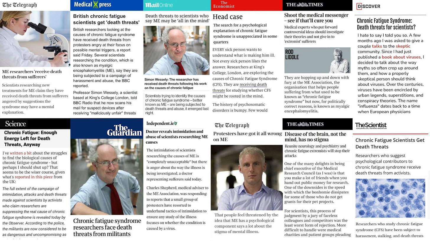 A collection of 12 media cuttings from various papers showing how proponents of the biopsychosocial approach exaggerated reports of abuse when criticisms were made. 