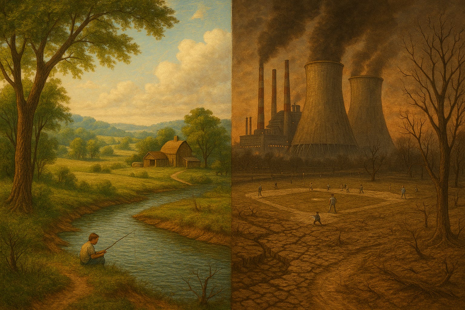 Massive dark data centers surround a dried-out park where grass has turned brown and trees have withered, symbolizing resource extraction.