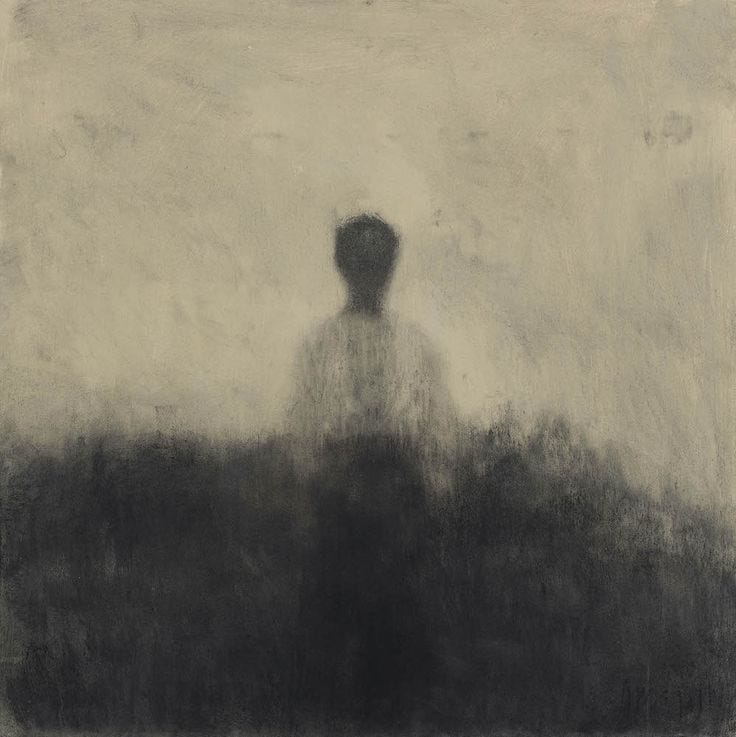 This may contain: a black and white painting of a person standing in the fog with his back to the camera