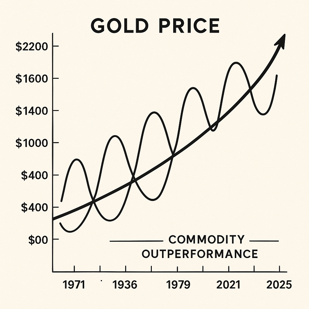 Gold price historical chart since 1971 showing upward trend with cyclical wave patterns representing commodity outperformance moments
