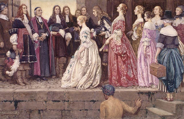 Painting of the arrival depicting a line of women being greeting by men and the Bishop