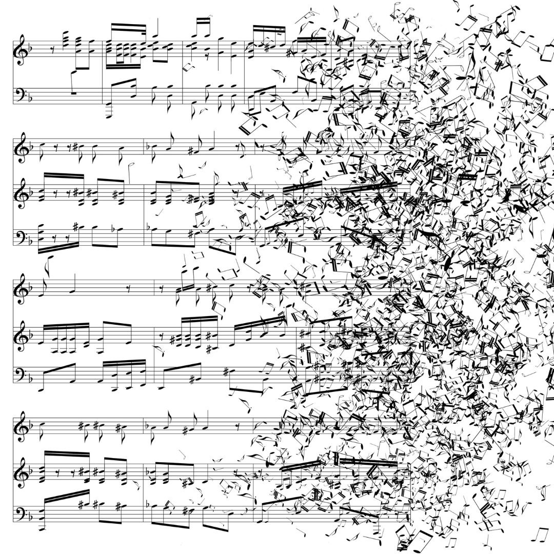 Musical notation overrun by too many notes scattered across the page.