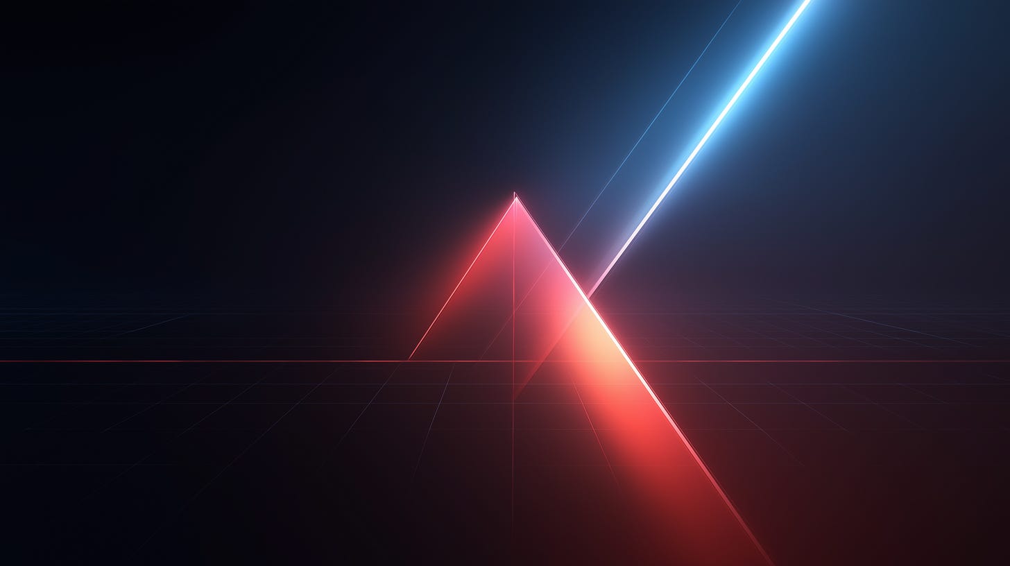 Abstract neon K-shaped graph with one rising and one falling trajectory on a dark grid background.