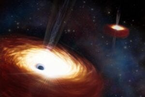 Artist’s impression of supermassive black holes (Courtesy of NOIRLab/NSF/AURA/J. daSilva/M. Zamani)