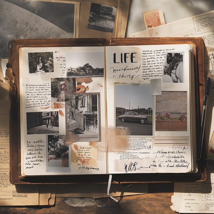 Moodboard-inspired scrapbook journal with handwritten notes, layered photography, textured paper, and imperfect collage styling paired with handcrafted ceramic dinnerware featuring raw glazes and organic finishes, reflecting the rise of human-centered design, tactile storytelling, and emotionally driven aesthetics in branding, interiors, and lifestyle trends.