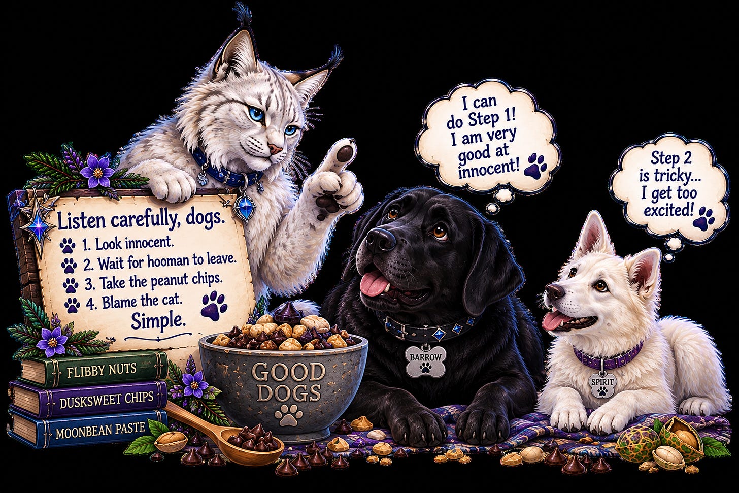 Jynx image telling the dogs to steal the Dusksweet Chips when no one is watching and to blame the cat. Jynx image telling the dogs to steal the Dusksweet Chips when no one is watching and to blame the cat.