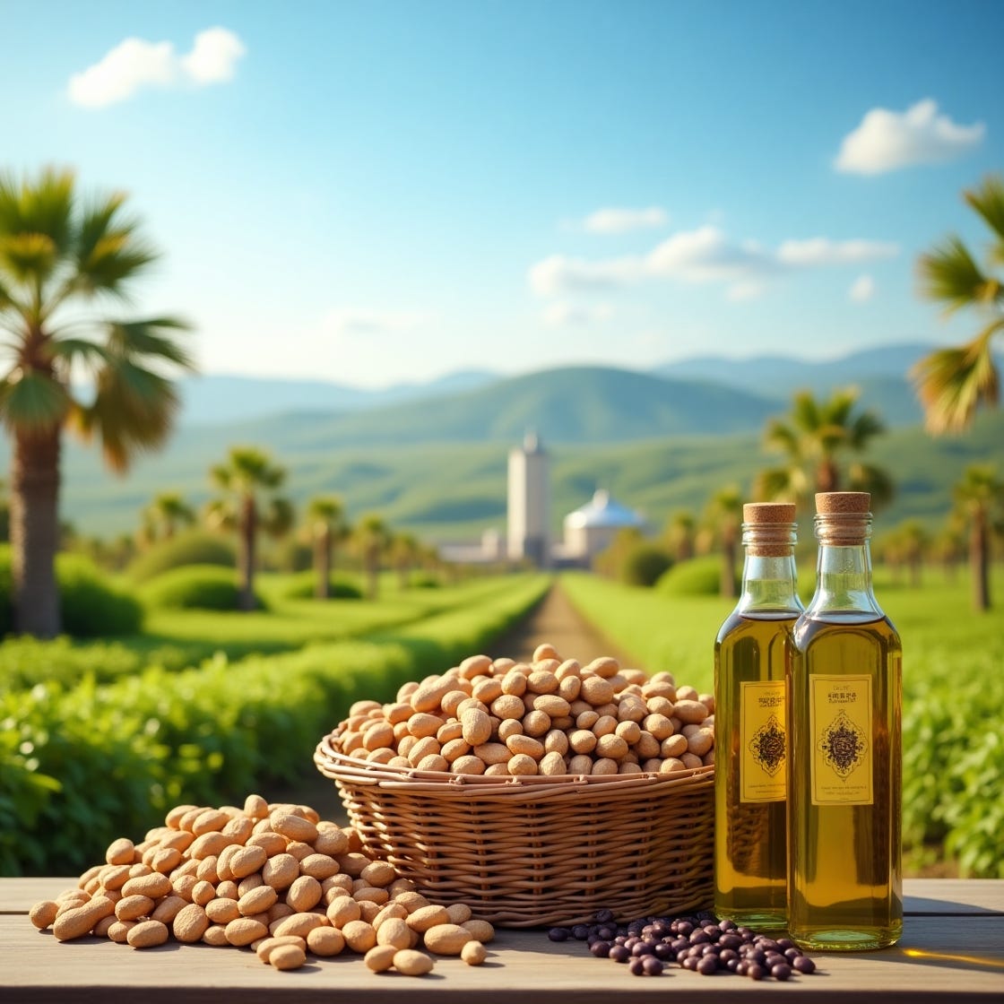 A serene and vibrant image featuring nutty and veggy oil, with a sprawling background of lush green palm oil and olive plantations under a bright blue sky with a few wispy clouds, amidst which lies a modern olive oil manufacturing facility with stainless steel equipment and wooden crates, while in the foreground, a wicker basket overflows with an assortment of raw peanuts and soybeans in their natural brown hues, alongside a few glass bottles filled with golden olive oil, adorned with elegant labels bearing the brand's logo in earthy tones, with the overall composition exuding a sense of nature, sustainability, and healthy living.