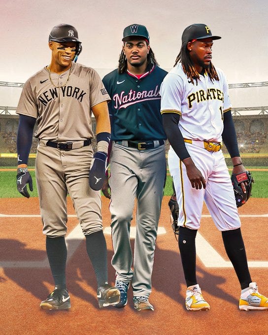 Designed image of Aaron Judge in a grey Yankees uniform, James Wood in a navy Nationals jersey and Oneil Cruz in a white Pirates uniform