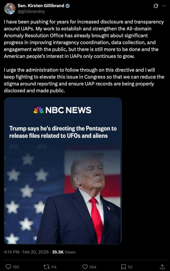 Screenshot of Sen. Kirsten Gillibrand’s tweet on X about UFO disclosure. Screenshot of Sen. Kirsten Gillibrand’s tweet on X about UFO disclosure.