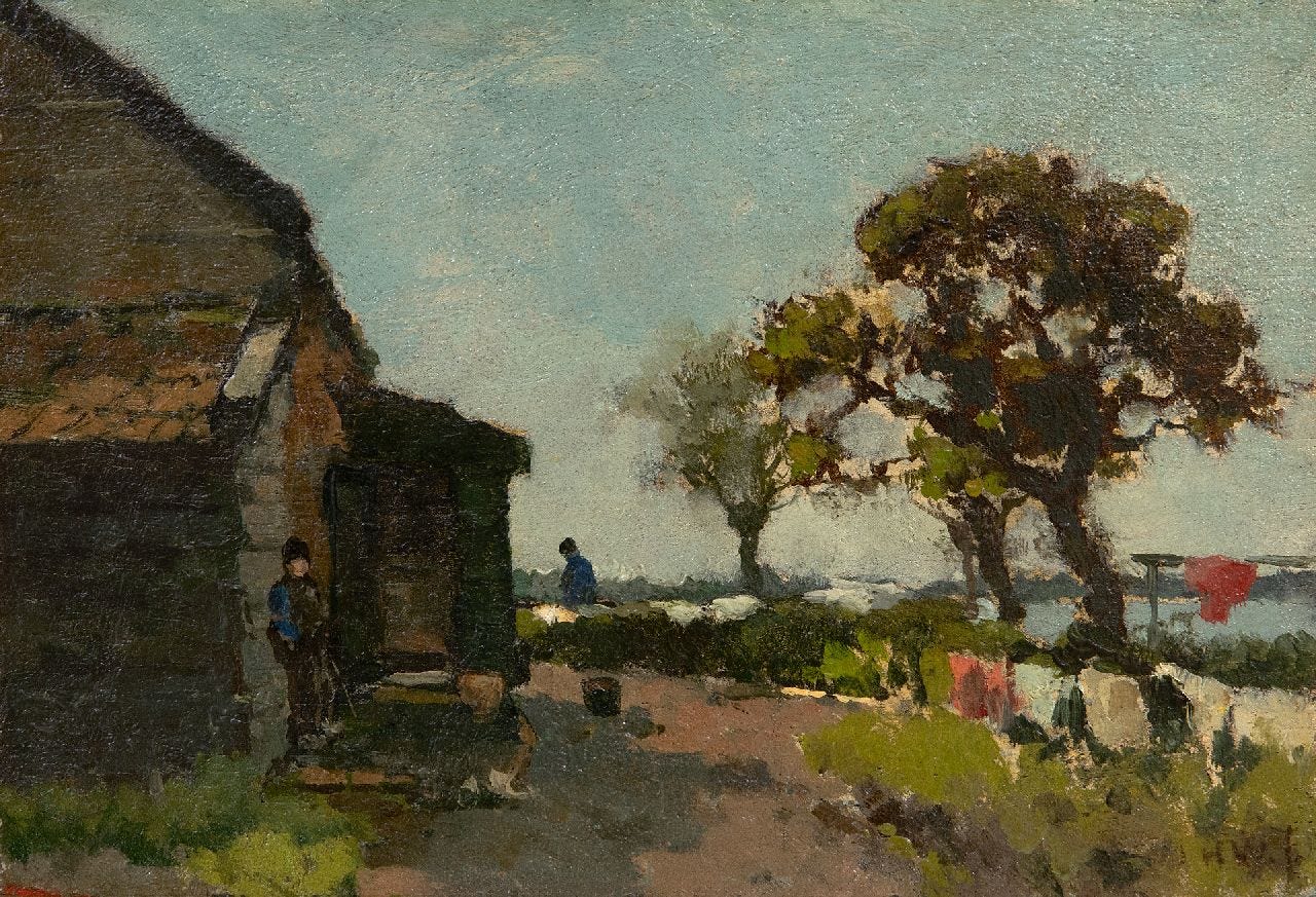 Weissenbruch H.J.  | Hendrik Johannes 'J.H.' Weissenbruch | Schilderijen te koop aangeboden | Wasdag, olieverf op paneel 16,1 x 23,6 cm, gesigneerd rechtsonder met initialen en te dateren ca. 1875