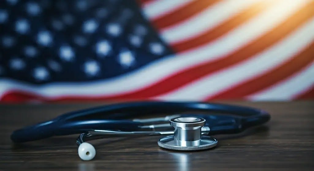 The Heartbeat of America: Advocating for Universal Care A stethoscope before the American flag symbolizes universal healthcare in the U.S.