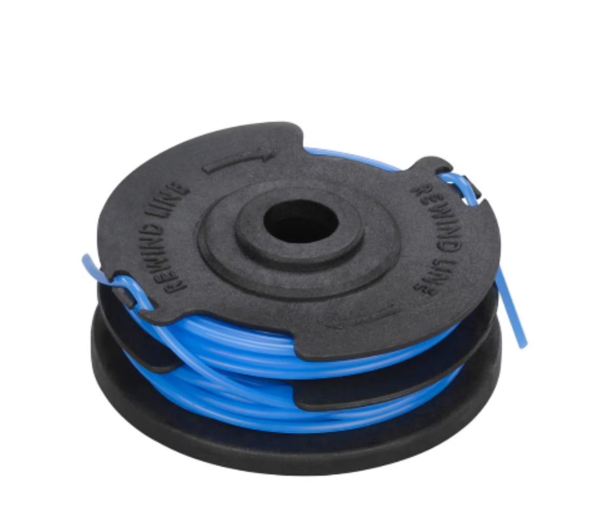 A screenshot of the black plastic spool used to store and feed the vinyl line in a weed-wacker garden tool. On the top, etched in the plastic, are the words "REWIND LINE" with an arrow pointing clockwise around the spool. A screenshot of the black plastic spool used to store and feed the vinyl line in a weed-wacker garden tool. On the top, etched in the plastic, are the words "REWIND LINE" with an arrow pointing clockwise around the spool.