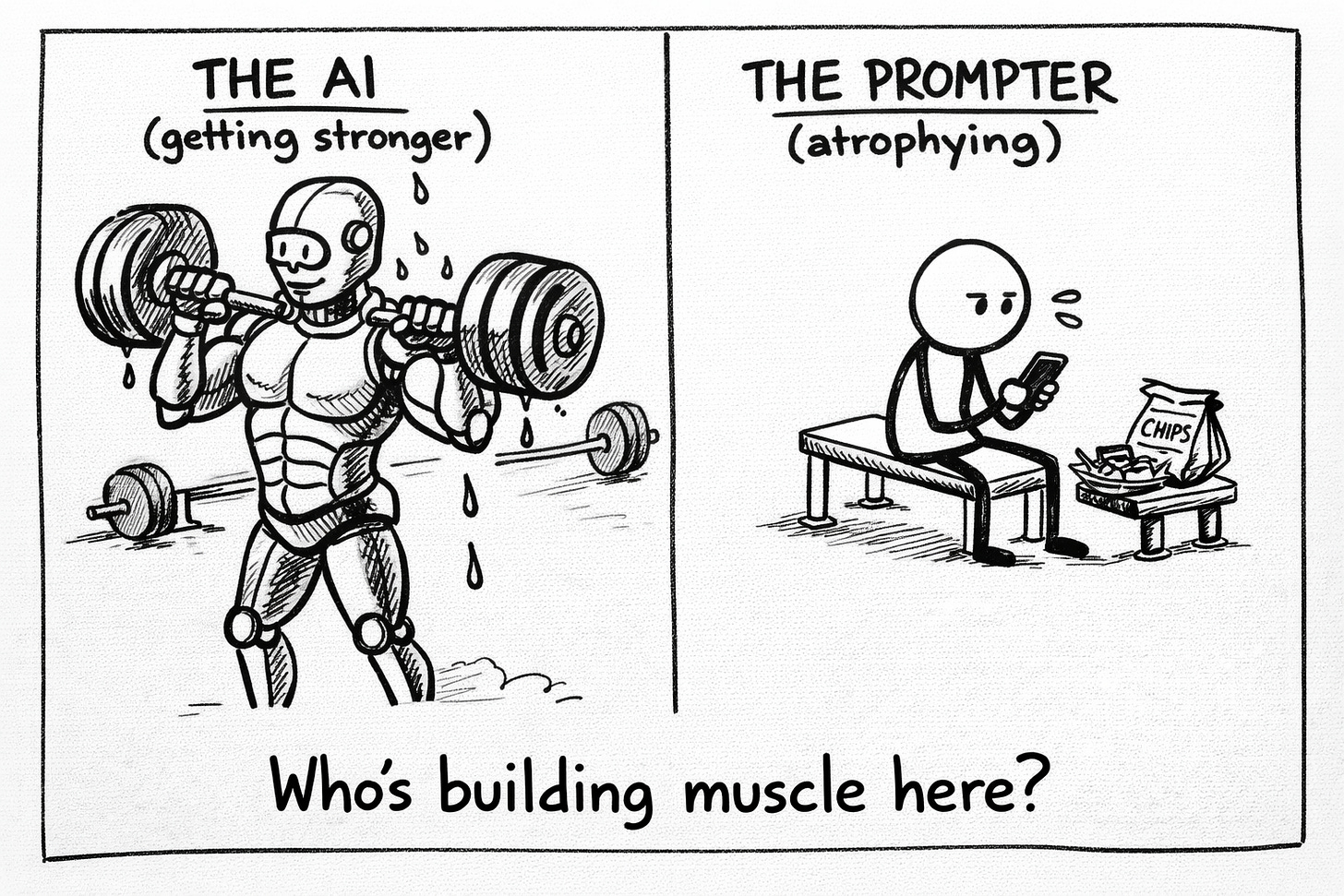 Whiteboard-style gym scene. On the left, a muscular robot lifts heavy weights while oil drips like sweat, labeled “THE AI (getting stronger).” On the right, a skinny stick figure scrolls on a phone while sitting on a bench next to chips, labeled “THE PROMPTER (atrophying).”