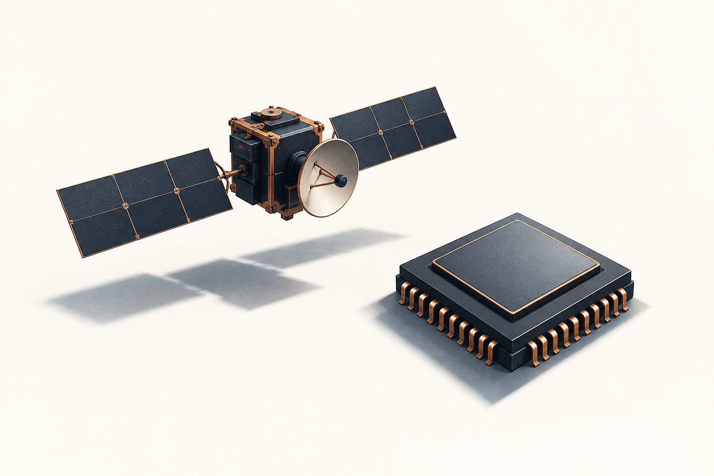 Illustrated satellite and chip; no technical schematic.