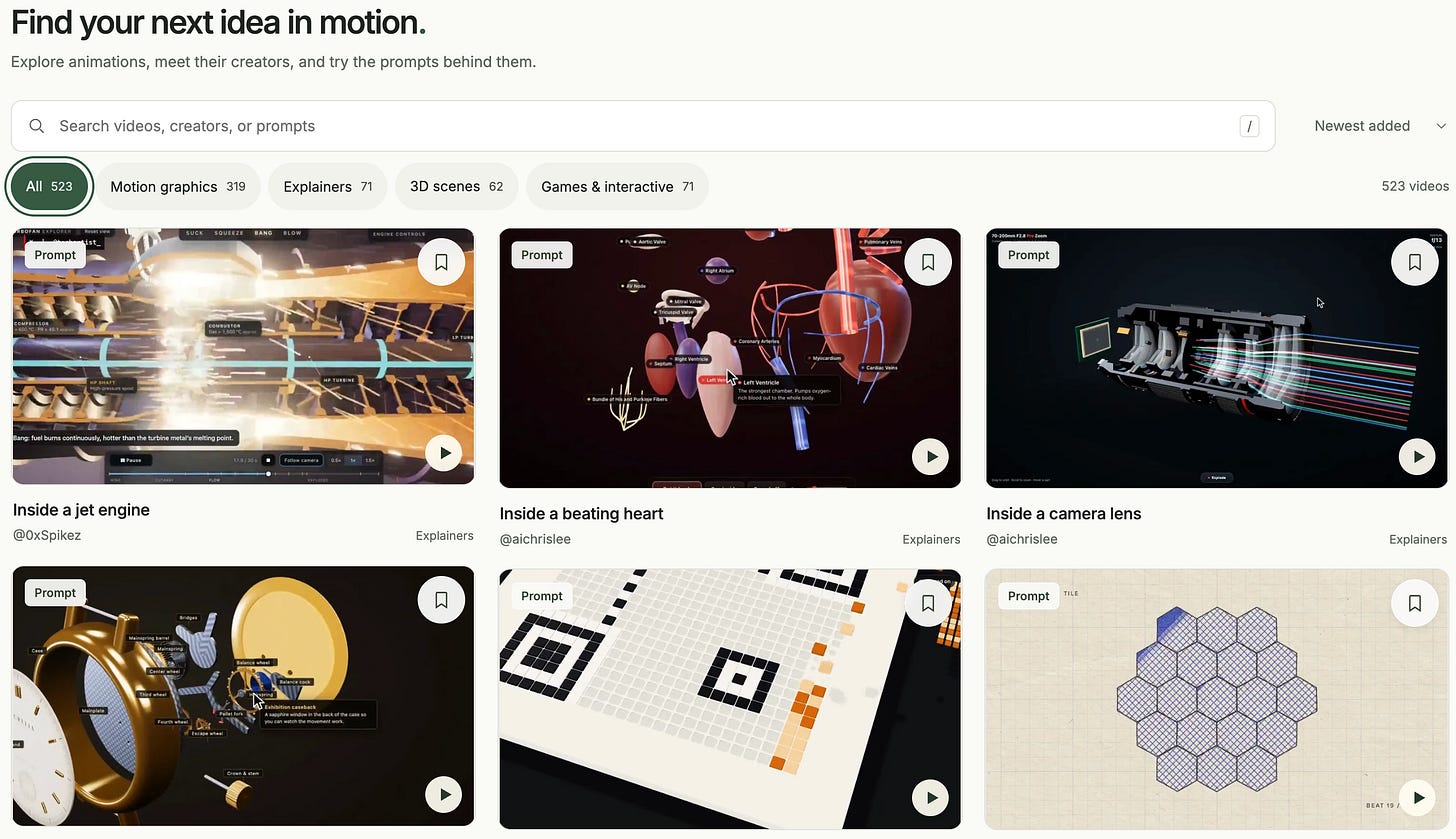 MotionFeed gallery showing 523 videos, category filters, creator credits and prompts, with previews of a jet engine, heart and camera lens.