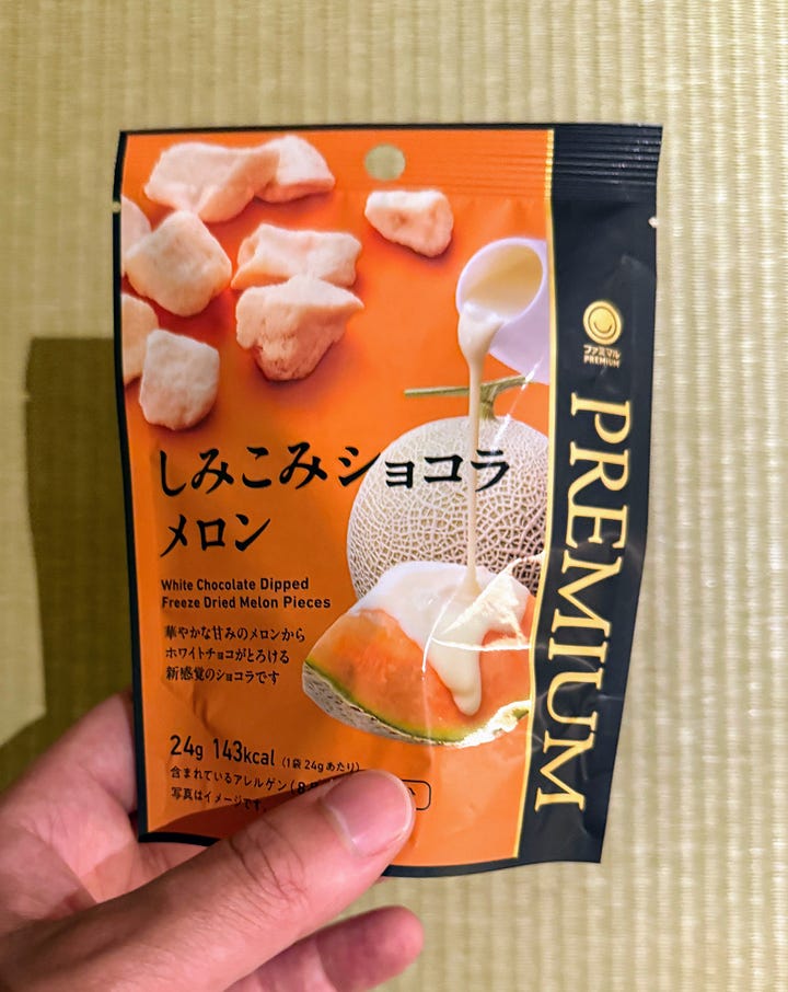 Melon roll, soda, and freeze dried melon