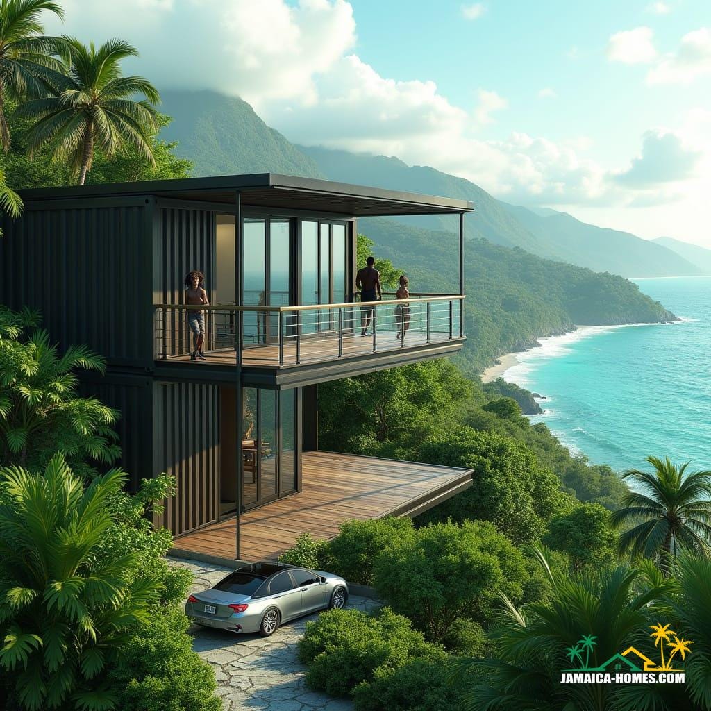 A modern, two-story container home, crafted from sleek, industrial shipping containers, perched on a lush, tropical mountain overlooking the turquoise waters of Jamaica's North Coast, with expansive, floor-to-ceiling windows seamlessly blending indoor and outdoor living. The residence is nestled among vibrant, emerald-green foliage, with a meandering stone pathway and a contemporary, silver car parked in the driveway. A relaxed, mixed-race man with dreadlocks stands on the balcony, soaking in the breathtaking, panoramic views of the mountain and ocean, exuding a sense of island tranquility.
