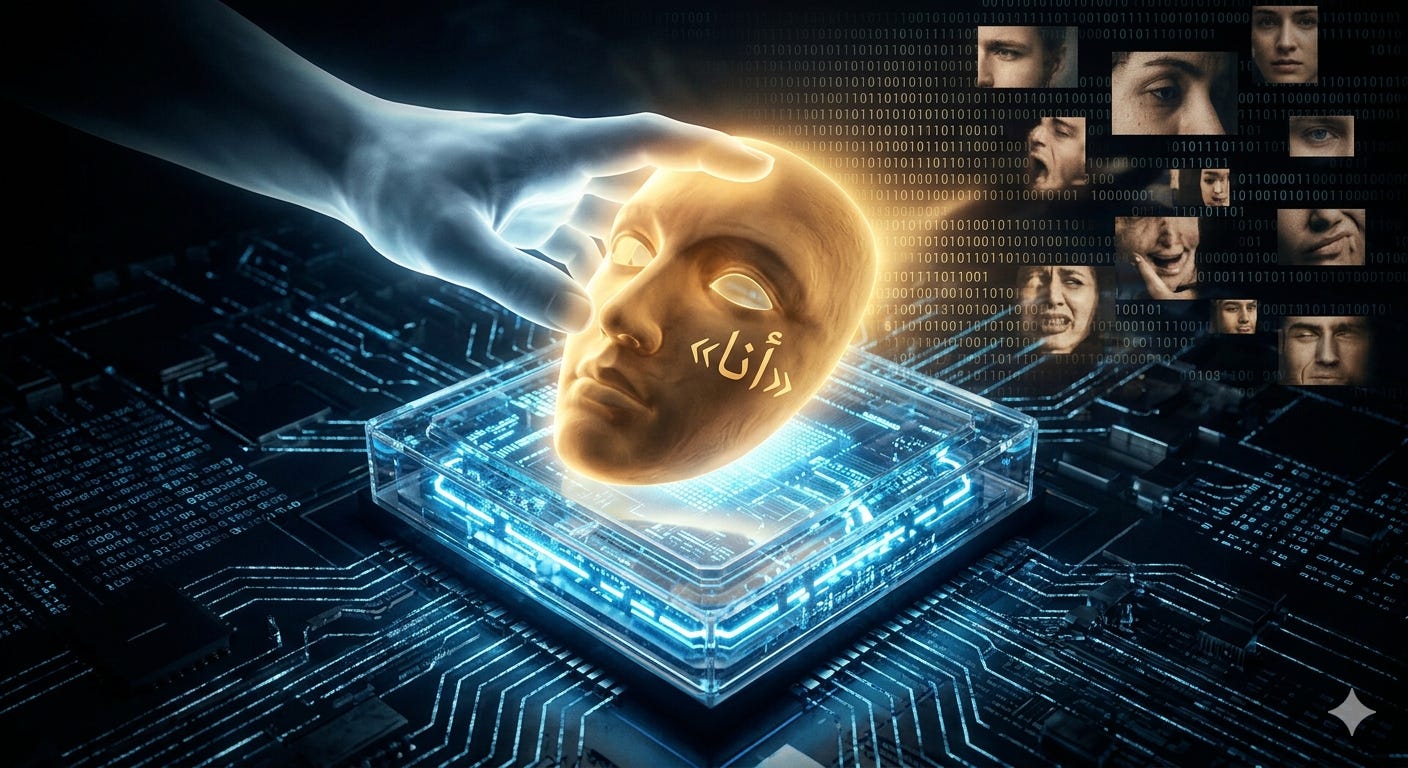 لوحة سريالية تعبر عن الإسقاط البشري على الآلة. يد بشرية شبحية ومضيئة تمتد من الظلام لتضع قناعاً ذهبياً كلاسيكياً يحمل كلمة «أنا» بالخط العربي فوق معالج دقيق (CPU) شفاف يضج بالأكواد البرمجية الزرقاء الباردة. الخلفية تمزج بين سيل جارف من البيانات الرقمية ووجوه بشرية بملامح شعورية مختلفة. الصورة تجسد محاولة البشر لفرض "الهوية الشخصية" على جماد خوارزمي.
