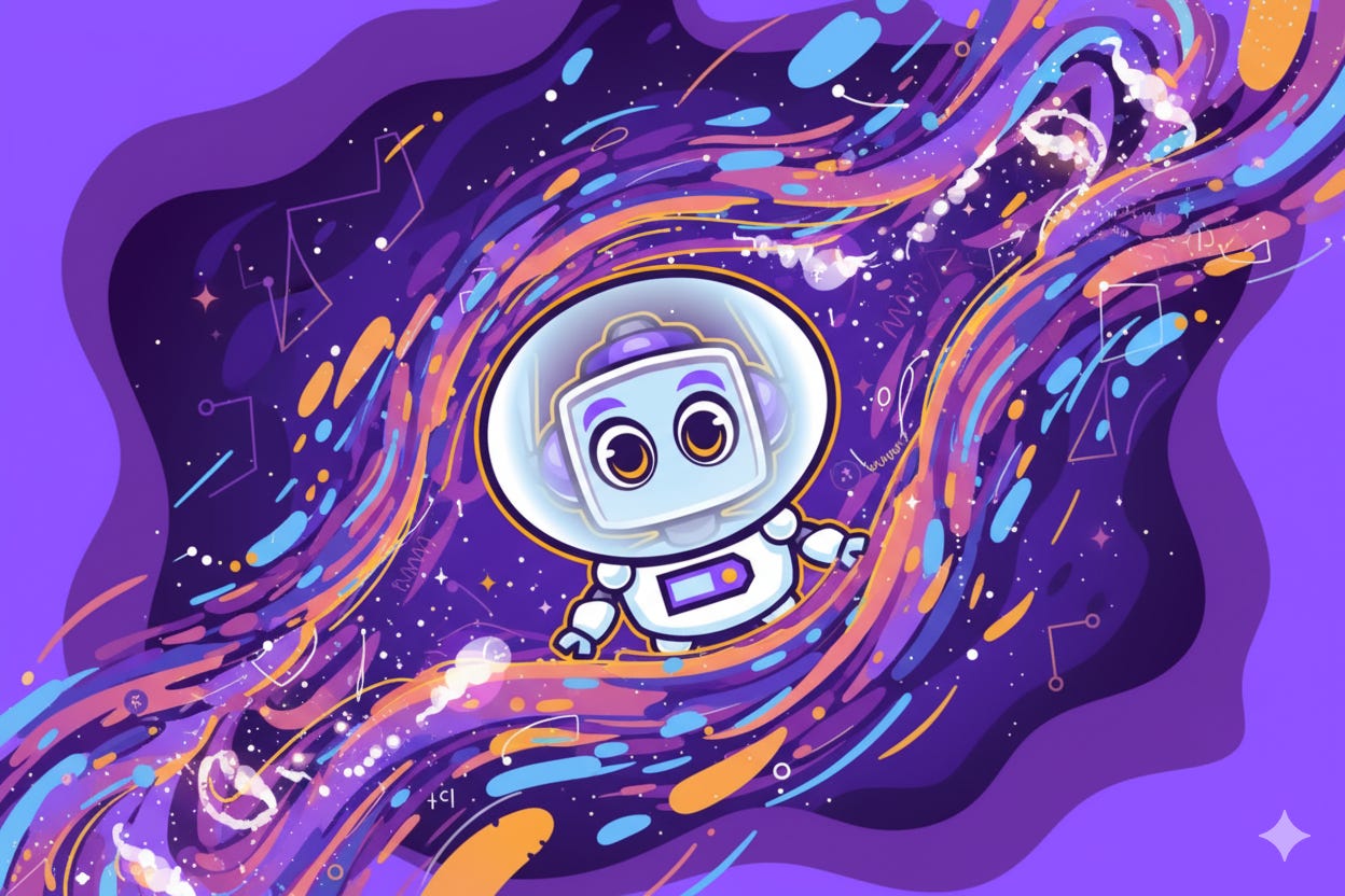 Neuralbuddy, a friendly robot character, navigates dynamically through swirling, colorful data streams and abstract quantum state representations, set against a vibrant purple background.