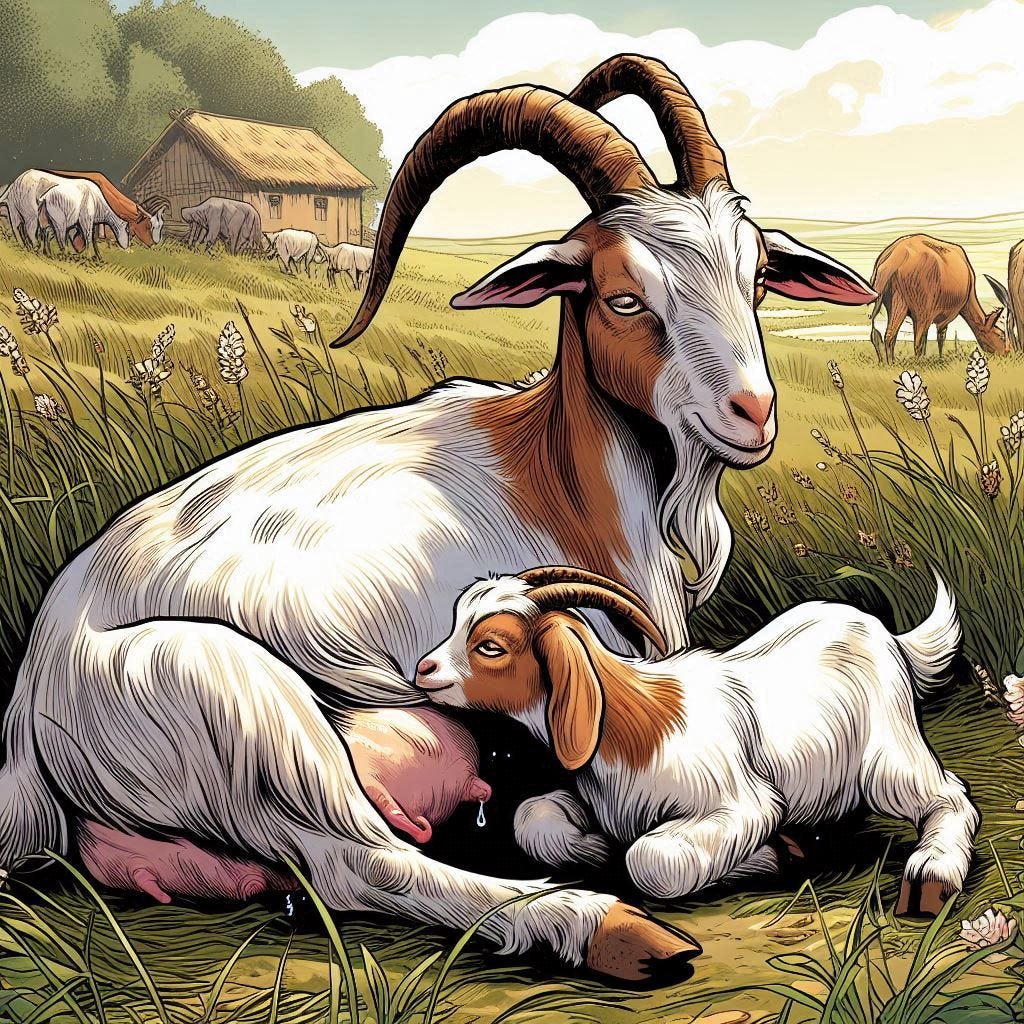 A goat nurses her kid, comic