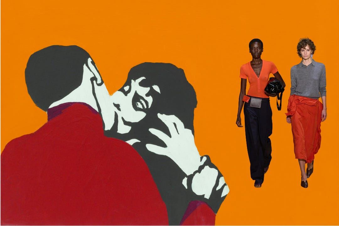 Left, Rosalyn Drexler’s Kiss Me, Stupid, a Pop painting of a man in red kissing a woman on an orange ground. Right, Rachel Comey looks in orange, grey and red