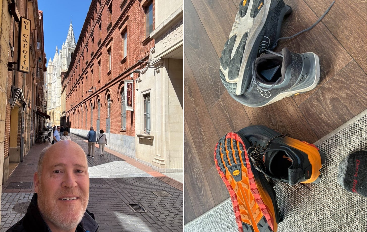 L: My errands offer glimpses of Leon’s treasures. R: a new pair of XL Altra trail shoes (bottom) has a lot more tread than my old Topos L: My errands offer glimpses of Leon’s treasures. R: a new pair of XL Altra trail shoes (bottom) has a lot more tread than my old Topos