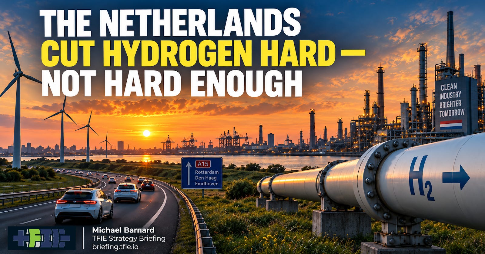Dutch wind turbines, an electrified motorway and industrial port at sunset beside a large hydrogen pipeline, under the headline “The Netherlands Cut Hydrogen Hard — Not Hard Enough,” illustrating the country’s shift toward electrification while retaining a large hydrogen demand forecast.