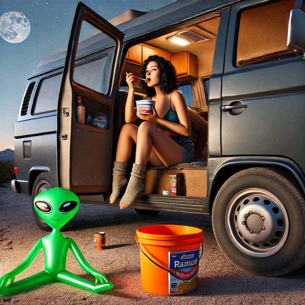 An odd AI image of a woman eating ramen in a van, an inflatable alien sits on the ground with a giant orange bucket of ramen
