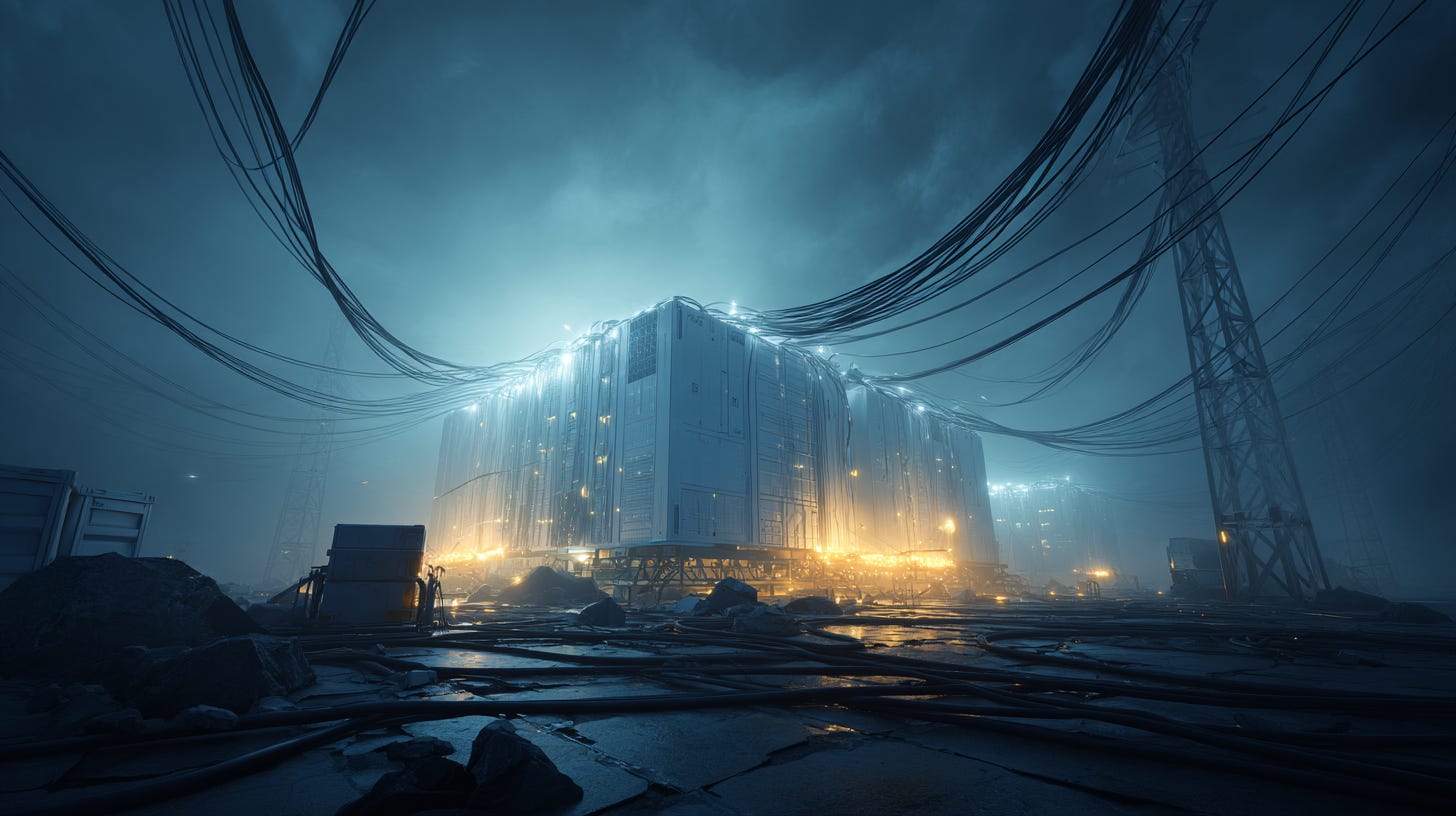 Large-scale energy facility illuminated by cables and lights in a stormy environment, representing the power demands of AI and clean energy infrastructure.