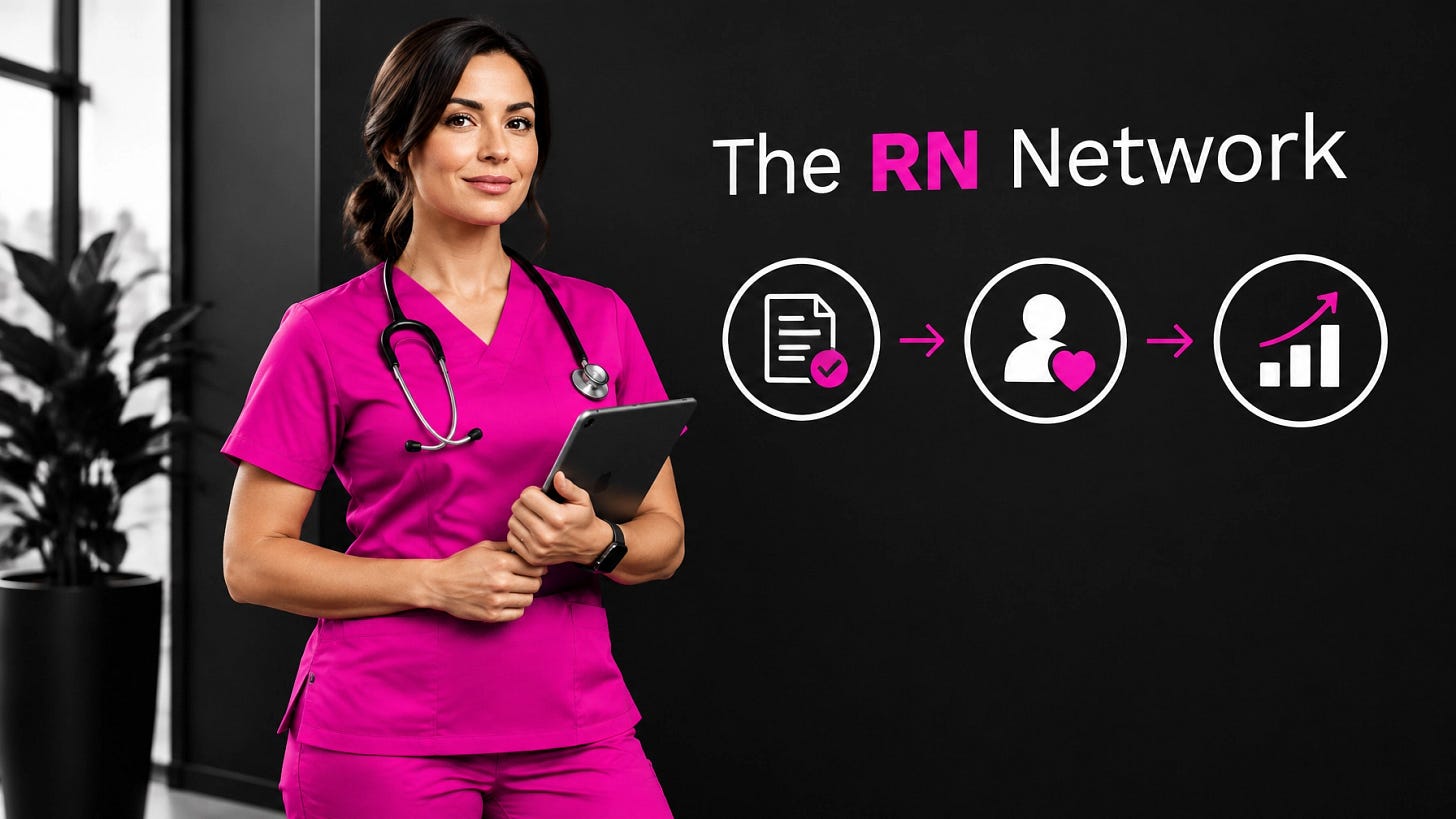A confident registered nurse in pink scrubs standing beside a chart-review workflow A confident registered nurse in pink scrubs standing beside a chart-review workflow