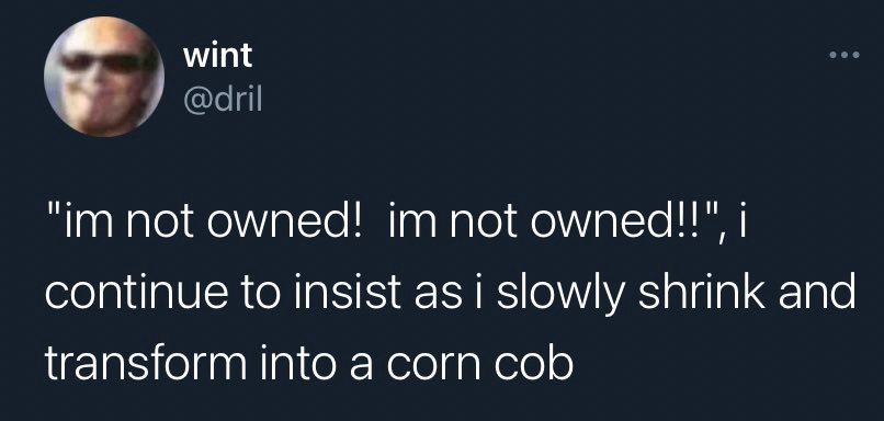 James Kelleher on Twitter: &quot;&quot;im not owned! im not owned!!&quot;, i continue to  insist as i slowly shrink and transform into a corn cob&quot; / Twitter