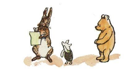 A picture of A. A. Milne's beloved 100 Acre Woods characters, Rabbit is on the left writing, while Piglet is wiping his tears and Winnie looks on.