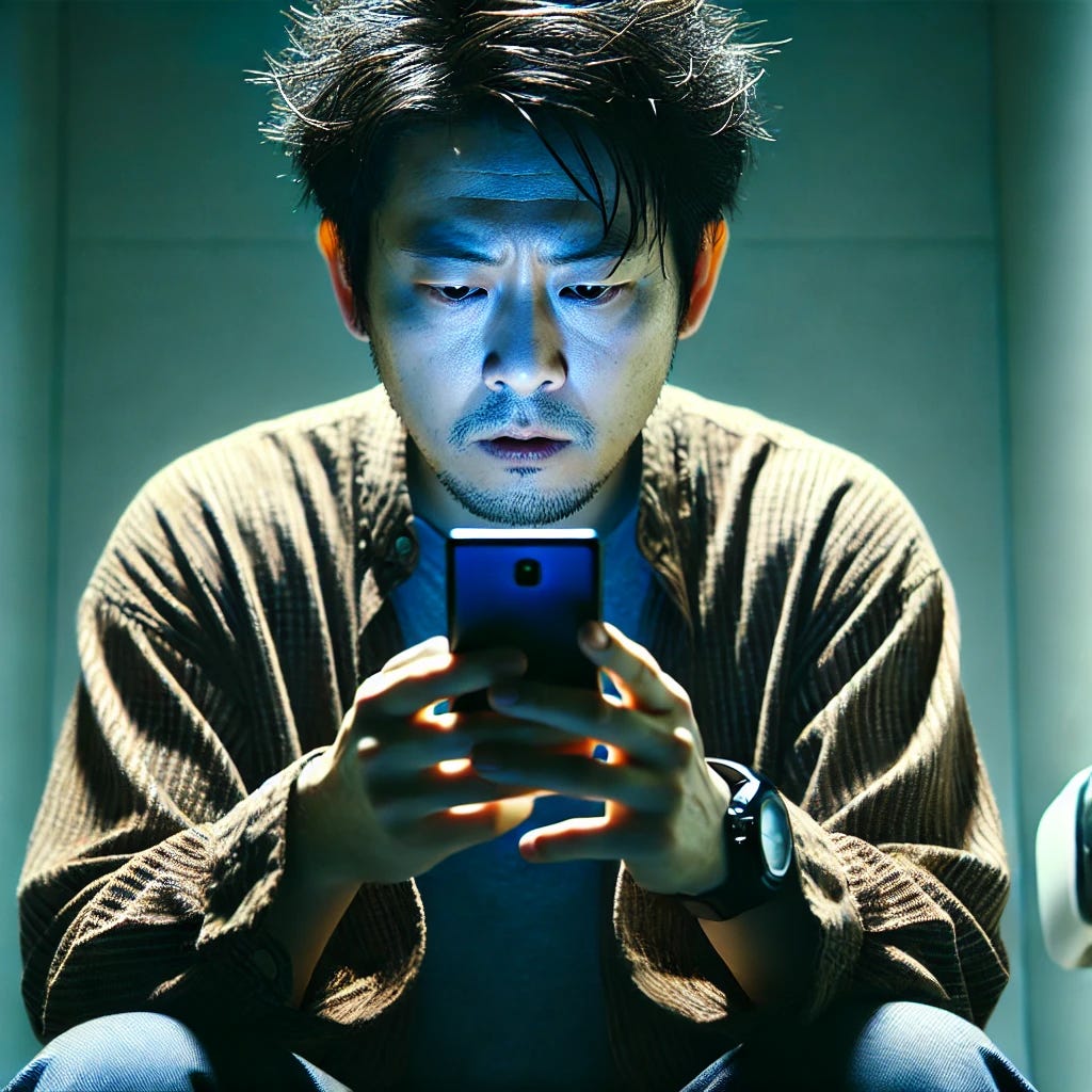 A high-definition photo of an Asian man in the bathroom, looking at his phone with a zombie-like expression. He should have disheveled hair, a tired and lifeless look in his eyes, and be sitting on the toilet. The lighting should be typical of a bathroom with the phone screen casting a bluish glow on his face. The overall scene should convey a sense of mindless, habitual phone checking even in the bathroom.