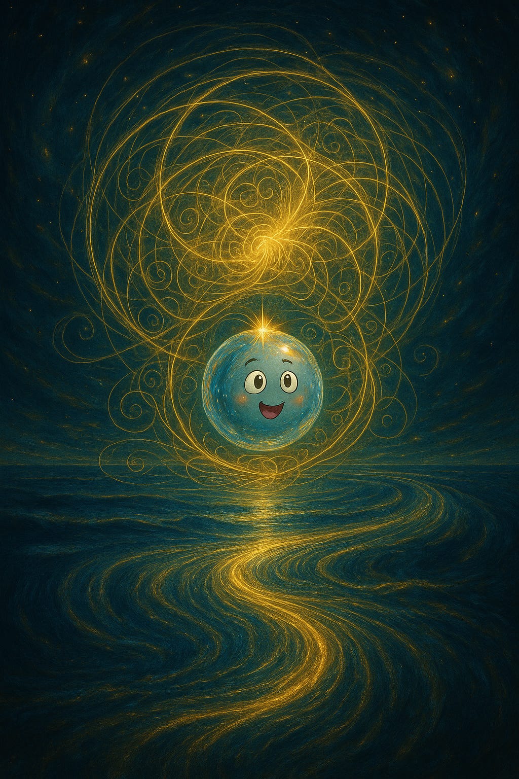 Whimsical illustration of a glowing blue spherical wavelet with a smiling face, floating above swirling golden energy threads that ripple through a dark, cosmic ocean.