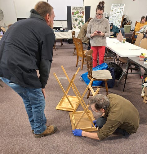 Images of people repairing items, including sewing jeans and repairing an old clock
