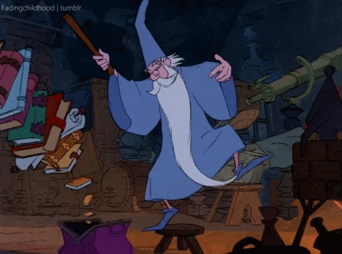 animated gif from the 1965 animated flick The Sword in the Stone, of a wizard packing his books