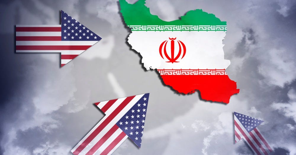 A visual representation of U.S.-Iran tensions, featuring Iran’s national map encircled by aggressive directional arrows styled with the American flag. This striking imagery symbolizes the intensifying geopolitical conflict, highlighting U.S. foreign policy strategies, economic sanctions, and regional power struggles in the Middle East.