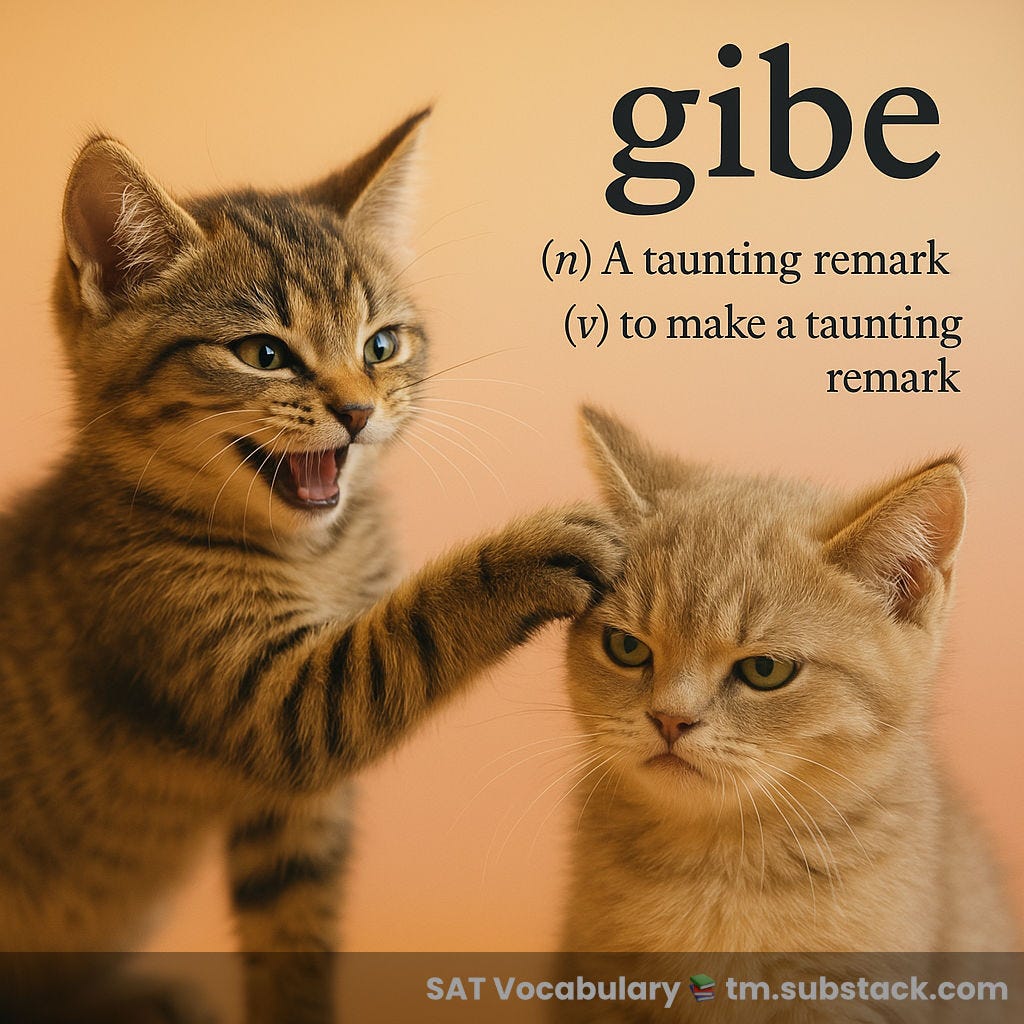 Illustration of a mischievous kitten teasing another kitten; used to illustrate the SAT word 'gibe'.