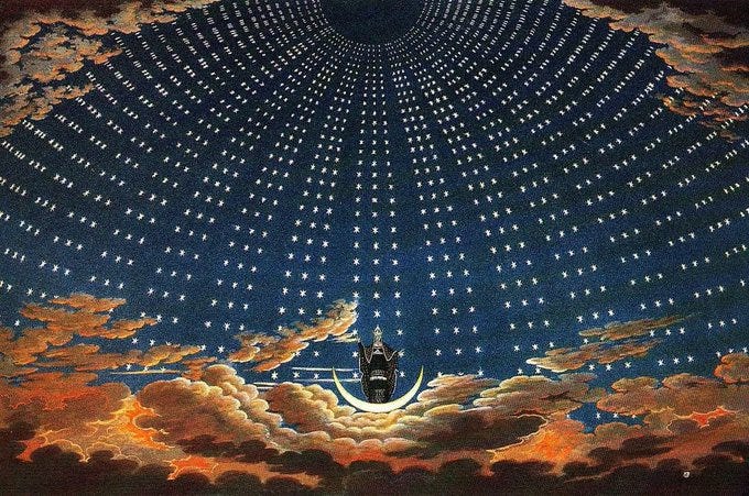 Karl Friedrich Schinkel painting depicting a starry night sky with countless white dots forming a dome. A crescent moon with orange and red clouds sits below, and the Queen of the Night figure is silhouetted in black against the moon.
