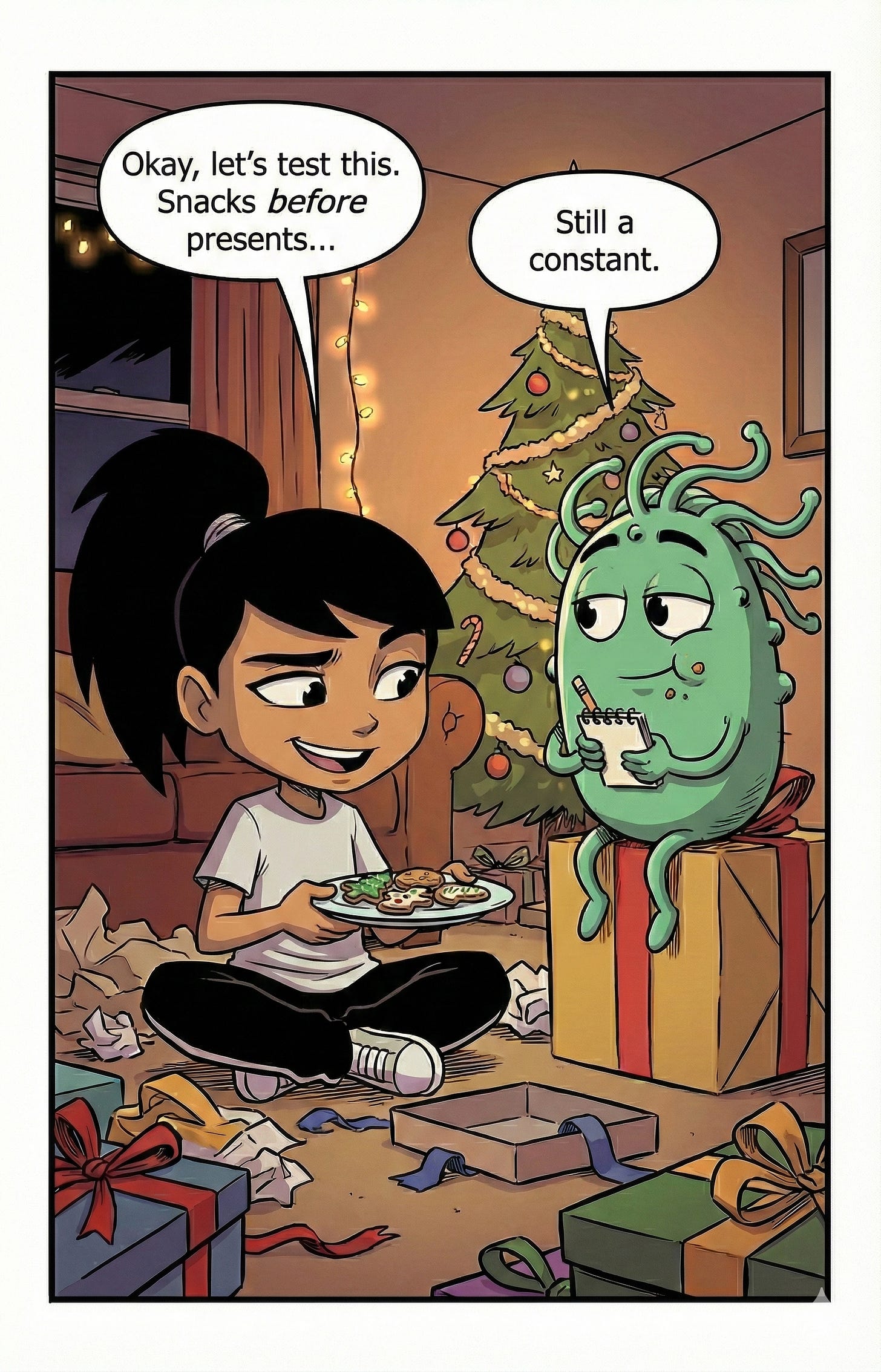 Zara smiles holding a plate of Christmas cookies, testing Omie's theory. Omie eats a cookie and confirms the constant holds.