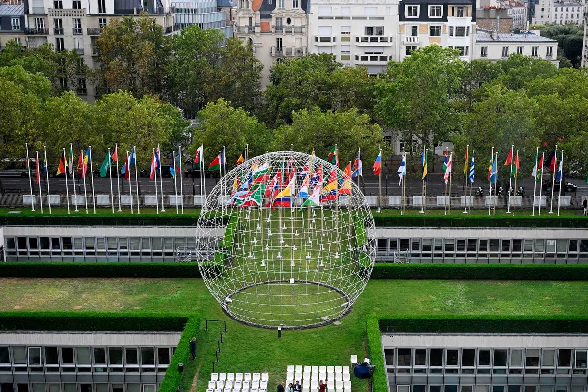 An aerial view of a sculpture at the UNESCO headquarters in Paris on July 25, 2023. The United States rejoined UNESCO under the Biden administration after President Donald Trump exited the agency in 2018. (Bertrand Guay/AFP via Getty Images) An aerial view of a sculpture at the UNESCO headquarters in Paris on July 25, 2023. The United States rejoined UNESCO under the Biden administration after President Donald Trump exited the agency in 2018. (Bertrand Guay/AFP via Getty Images)