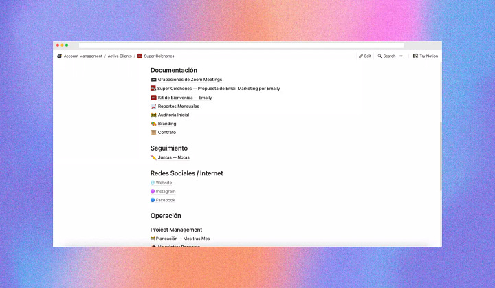 Administración de Super Colchones en Notion.