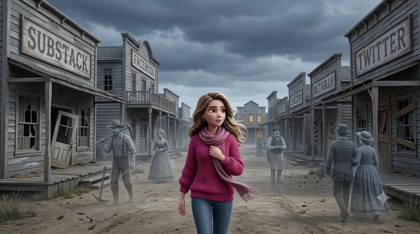Pixar-style woman in a fuchsia sweater walks through a gold rush ghost town of storefronts named for social platforms.