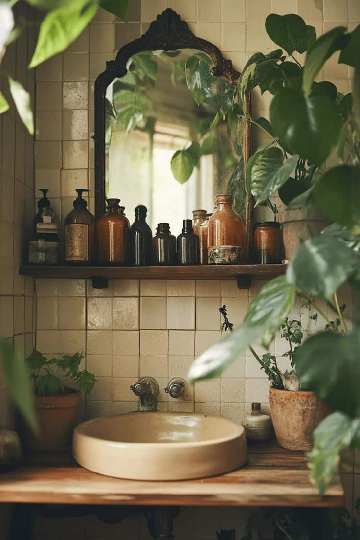 a bathroom full of amazing plants and apothecary. bottles of propagates. a bathroom full of amazing plants and apothecary. bottles of propagates.