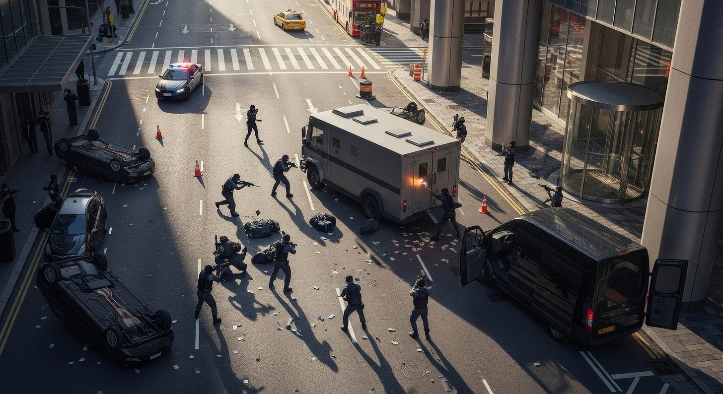 outside scene of bank heist in progress, lots of mayhem and police vehicles outside scene of bank heist in progress, lots of mayhem and police vehicles