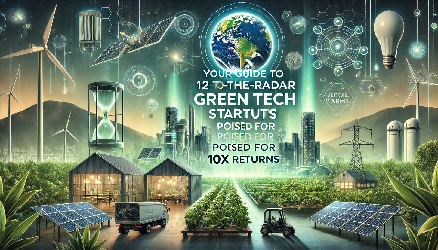 A modern and futuristic digital illustration featuring 12 under-the-radar green tech startups. The scene includes innovative renewable energy solutions, sustainable agriculture, eco-friendly transportation, and cutting-edge clean technology. The background is a high-tech cityscape with wind turbines, solar panels, and vertical farms integrated into the skyline. The image conveys a sense of innovation and high potential for growth. The text 'Your Guide to 12 Under-the-Radar Green Tech Startups Poised for 10x Returns' is prominently displayed in a sleek, tech-inspired font.