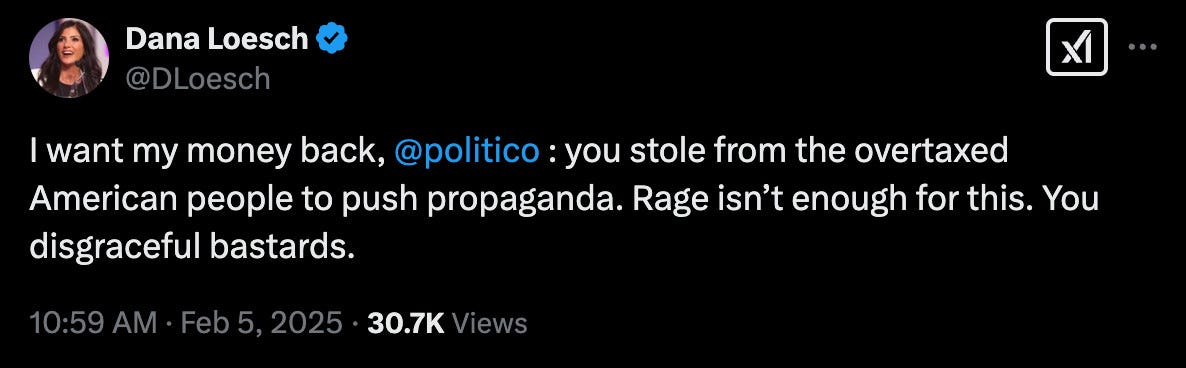 Dana Loesch: “I want my money back, @politico: you stole from the overtaxed American people to push propaganda. Rage isn’t enough for this. You disgraceful bastards.” Dana Loesch: “I want my money back, @politico: you stole from the overtaxed American people to push propaganda. Rage isn’t enough for this. You disgraceful bastards.”