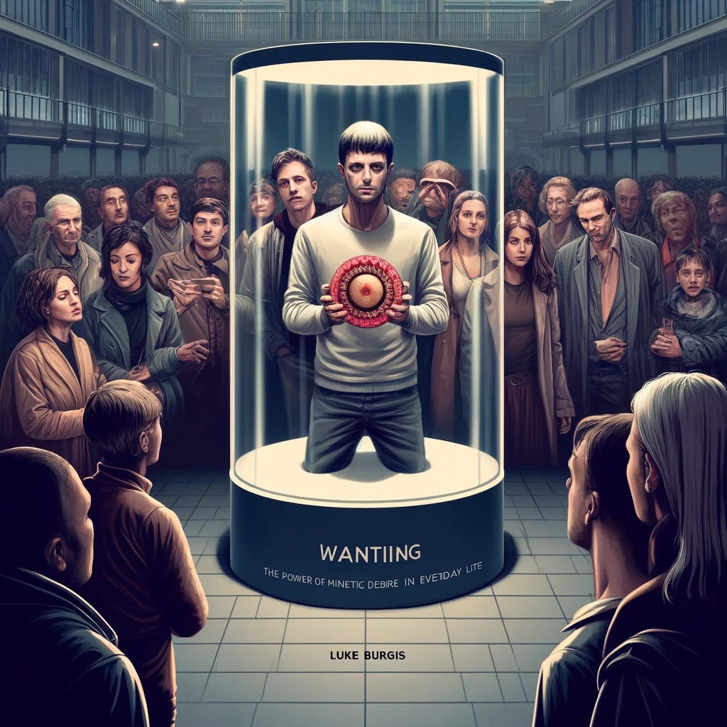  the image depicting the concept of "Wanting: The Power of Mimetic Desire in Everyday Life" by Luke Burgis. The illustration features a diverse group of people focusing on a central figure who represents the model of desire, set in a modern urban environment. This visually captures the influence of mimetic behavior as discussed in the book.