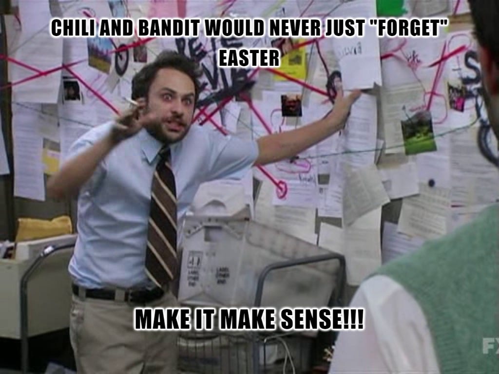 Charlie from Always Sunny in Philadelphia conspiracy meme with the text: "Chili and Bandit would never just "forget" Easter. Make it make sense!!!"