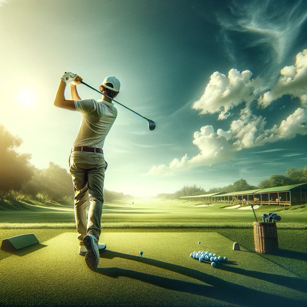 Envision a wider scene capturing an inspired young golfer, deeply addicted to the game, diligently working hard at it, and thoroughly enjoying every moment. This broader perspective shows the young golfer, in stylish golf attire, from a distance as he practices on a vast, sunny practice range. The image captures him in the act of a powerful swing, showcasing his form and the arc of the swing in its entirety. The background extends to include more of the practice range, with its lush greenery and the expansive blue sky overhead, symbolizing the boundless opportunities and his bright future in golf. This wider angle highlights not only the golfer's dedication and joy but also the serene beauty of the golf course, reflecting the harmony between the golfer and his passion for the game.